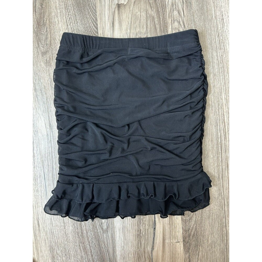 NWOT Black Ruched Mesh Bodycon Mini Skirt XS - Y2K Sheer Ruffle Skirt Club Goth